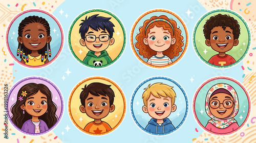 Collection of Diverse Animated Avatars Representing Children and Adolescents in a Colorful Cartoon Style
