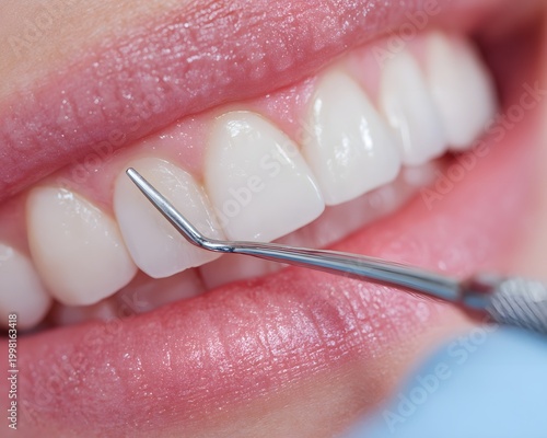 Close-up of a dental hygienist's tool scraping plaque from a patient's teeth, showcasing bright white smiles and dental care importance. A reminder of regular dental visits.