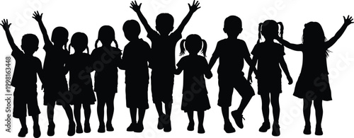 Children silhouette, unity concept, diversity illustration, kids holding hands, black figures, childhood joy, community theme, inclusive design, group of children, teamwork art