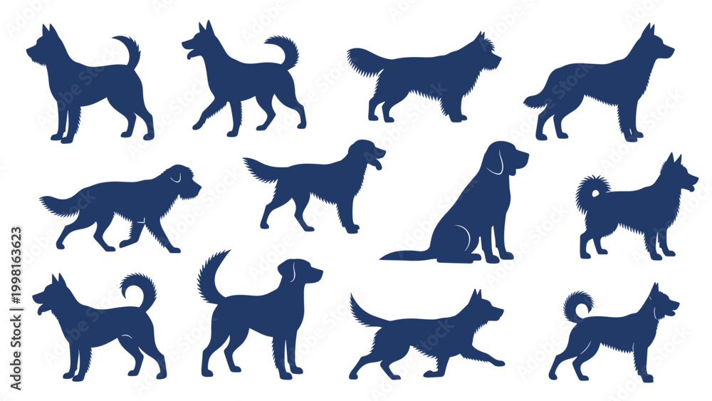 Fototapeta premium Silhouettes of different dog breeds in dark blue arranged in rows showing various sizes and postures of canine companions.