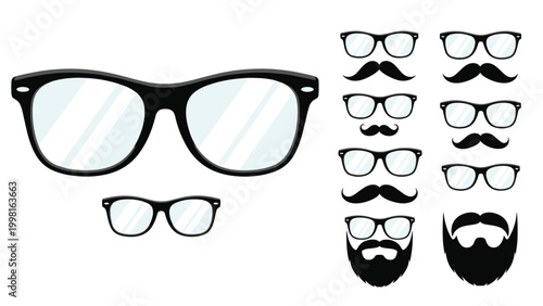 Set of black silhouettes featuring various styles of eyeglasses, mustaches, and beards for character design and grooming themes.