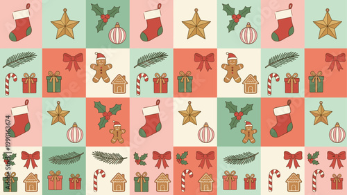 Christmas icon grid, festive pattern, holiday symbols, gingerbread, candy cane, holly berries, gift box, ornament, seasonal design, wrapping paper