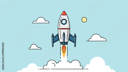 White rocket ship with red accents launching into a bright blue sky filled with white clouds and a yellow sun.