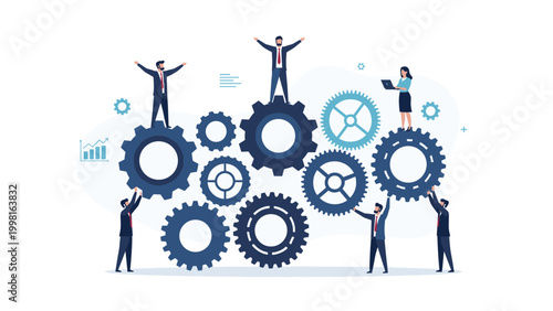 Collaborative business team working together to manage a large system of interconnected gears representing synergy and efficiency.