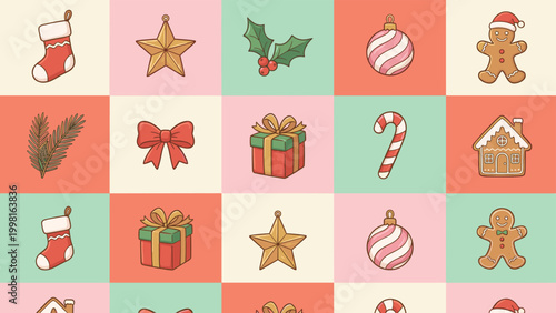 Christmas icon grid, festive symbols, holiday illustration, gingerbread, candy cane, holly berries, gift box, ornament, seasonal design, wrapping paper