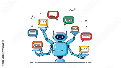Multi-armed blue robot multitasking and managing multiple colorful chat speech bubbles representing artificial intelligence customer service.