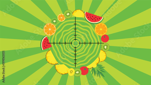 Creative target board design made of various fruit slices like watermelon, orange, and pineapple on a green sunburst background.