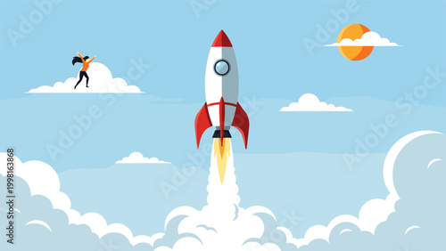 Large rocket ship blasting off from a bed of white clouds into a blue sky with a sun and a small figure jumping for joy.