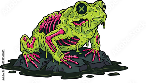Radioactive Zombie Frog Vector Illustration with Neon Skeleton
