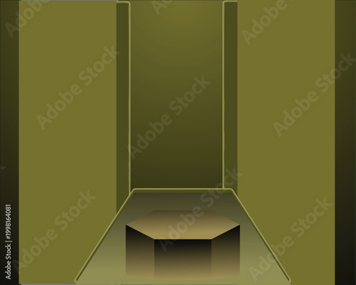 An empty 3d interior room featuring a blank green screen wall and floor design within an abstract architecture space with light from a door entrance and nobody indoor