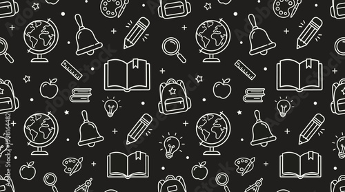 Seamless monochrome education icon pattern with school supplies and science symbols.