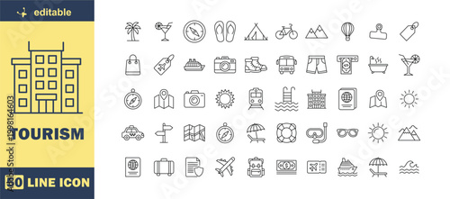 A collection of black line icons related to tourism and travel