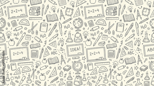 Seamless hand drawn education and school supply doodle pattern background.