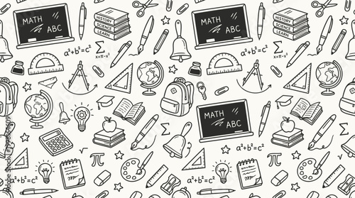 Seamless hand-drawn school supplies pattern background with educational icons and chalkboard sketches.