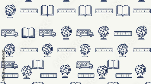 Seamless line icon pattern of travel and education symbols in minimal style.