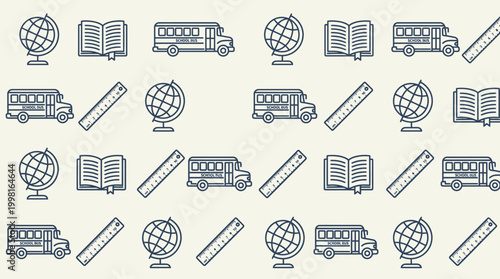 Seamless education icon pattern featuring books pencils and globes.