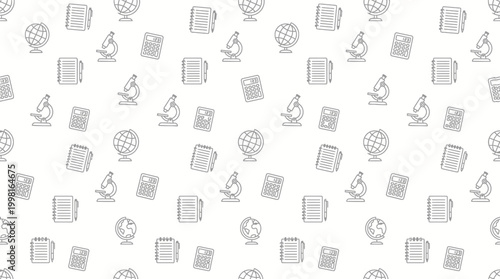 Seamless education icons pattern with light gray sketch illustrations.