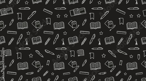 Hand-drawn school supplies pattern on dark background.