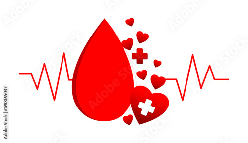 Blood donation concept with red drop, heartbeat line and hearts, healthcare medical vector illustration