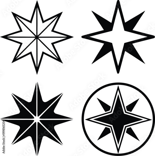 Black star shapes and compass rose icons