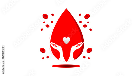 Blood donation logo with heart and helping hands, healthcare charity vector illustration