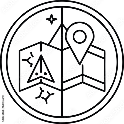 Black line icon of a map with a location pin