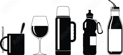 Collection of black drinkware silhouettes including coffee mug wine glass thermos sports water bottle and oil dispenser isolated on white.