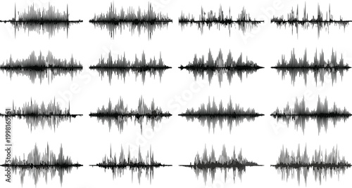 Collection of black digital sound wave patterns and audio frequency equalizer signals isolated on white background for music production designs.