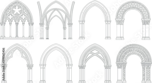 Bild auf Leinwand "Collection of eight architectural arch illustrations showcasing Gothic and Roma