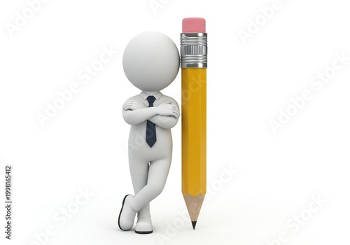 3D business person holding giant pencil isolated on white background