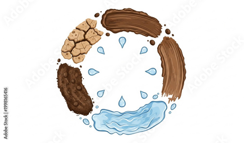 Top view natural materials circle composition with soil mud and water textures in detailed vector illustration