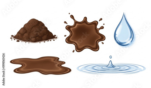 Natural soil mud and water elements vector set with organic shapes and clean minimal environmental design