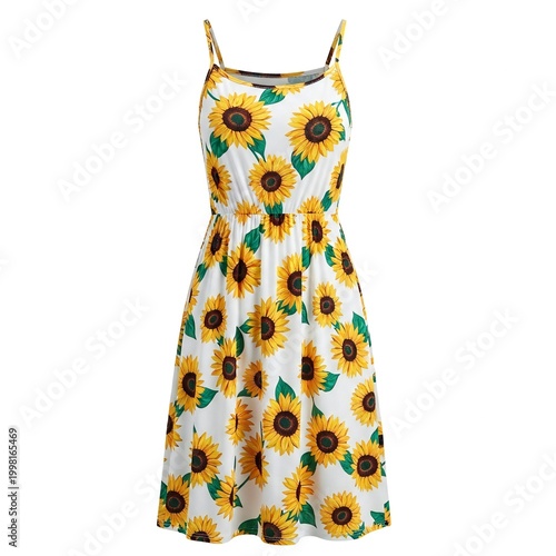 Woman's sunflower print sleeveless dress isolated on white background