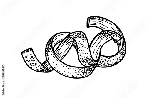 The organic twist of a citrus peel, highlighting its zest texture with stippling and line work, a detailed black and white sketch. Hand-drawn line art for culinary, kitchen, food industry themes