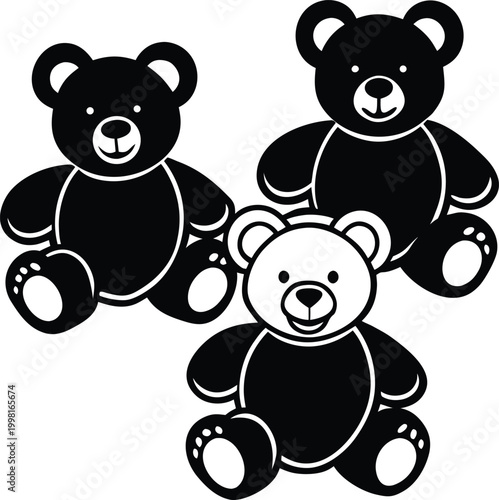 Three teddy bears black and white