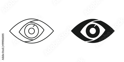 Minimalist eye icon set with outline and solid black shapes for user interface and web design