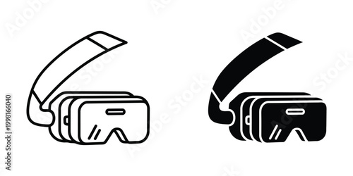 Virtual reality headset icons set including line and solid black styles for digital technology design