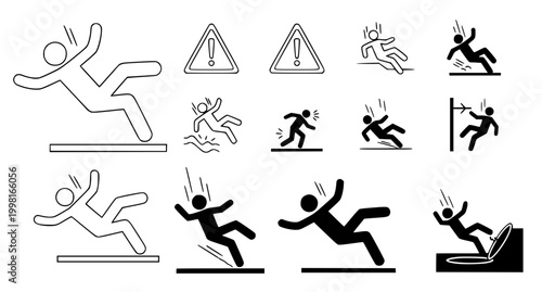 Bild auf Leinwand Collection of stick figure warning signs illustrating various slipping hazards a