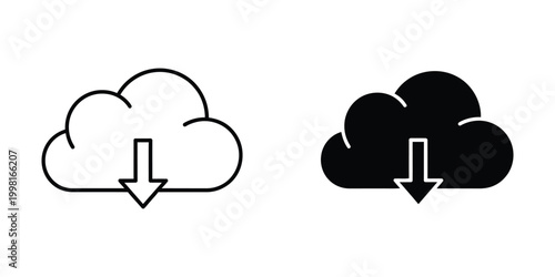 Cloud download icon set with outline and solid black styles for web and mobile app interface