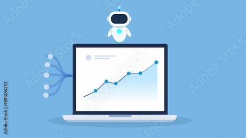 Clean animated video of an AI robot hovering above a laptop with a rising data chart and bank building icon, representing banking systems, financial analytics, institutional data, and business automat
