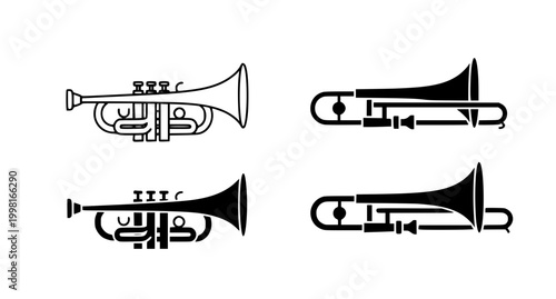 Fotografie Set of trumpet and trombone musical instrument icons in black and white vector a
