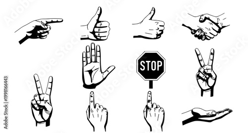 Collection of hand gestures and signs thumbs up stop and more
