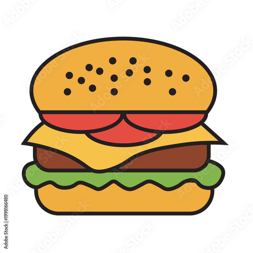 Colorful illustration of cheeseburger meal.