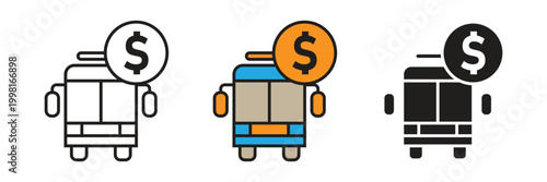 Bus with Dollar Coin Vector Icon. Bus icon with a dollar sign coin, representing public transport fares, ticket pricing, transportation costs, bus rental, and financial logistics.