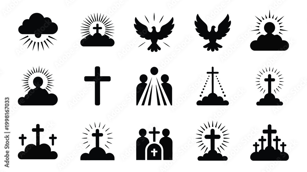 Fototapeta premium Collection of black silhouette religious icons featuring crosses dove clouds and figures in sacred settings illustrating faith spirituality and hope with radiant light effects