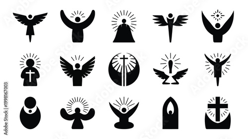 Collection of minimalist black silhouette icons representing angels divine beings and religious symbols with radiant halos and wings isolated on a clean white background