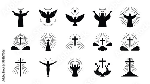 Collection of religious symbols and icons featuring crosses angels doves and figures with halos representing faith spirituality and divine grace in a clean modern vector style