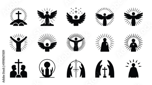 Diverse collection of minimalist black silhouette icons representing faith spirituality and angelic figures with halos crosses and outstretched arms symbolizing hope divine