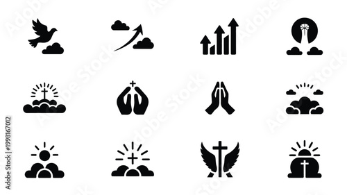 Minimalist religious and spiritual vector icon set featuring symbols of faith prayer divine hope and growth isolated on a clean white background for modern design