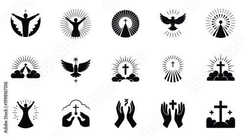 Collection of 15 christian religious symbols and icons featuring crosses doves and praying hands with radiant light and cloud elements ideal for spiritual and faith based designs